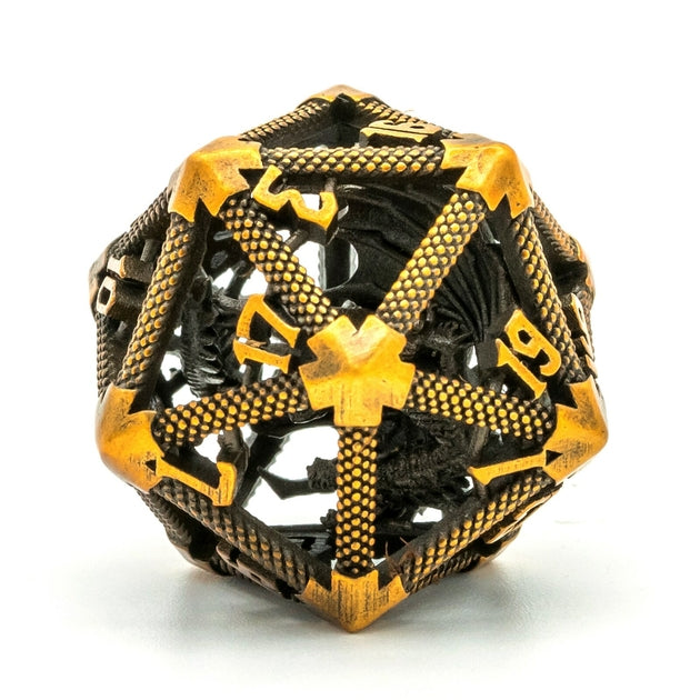 Lot de 7 dés DND en métal creux 3D Dragon DND Dés polyédriques en bronze D20 D12 D10 D% D8 D6 D4 pour Donjons et Dragons RPG Jeux de table RPG MTG